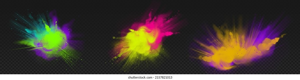 Powder Holi paints, colorful clouds or explosions, ink splashes, decorative vibrant dye for festival isolated on transparent background, traditional indian holiday. Realistic 3d vector illustration