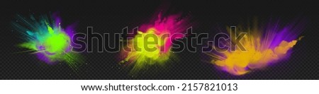 Powder Holi paints, colorful clouds or explosions, ink splashes, decorative vibrant dye for festival isolated on transparent background, traditional indian holiday. Realistic 3d vector illustration