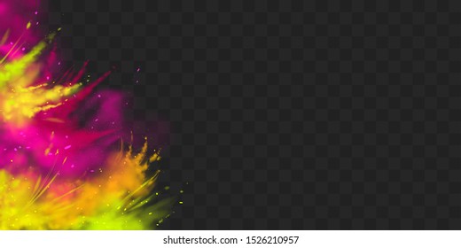 Powder Holi paints frame, border vector isolated on transparent background colorful explosion cloud, ink splash, decorative vibrant dye for festival, traditional indian holiday. Realistic illustration