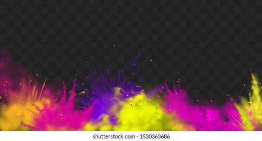 Powder Holi paints frame, border vector isolated on transparent background colorful explosion cloud, ink splash, decorative vibrant dye for festival, traditional indian holiday. Realistic illustration