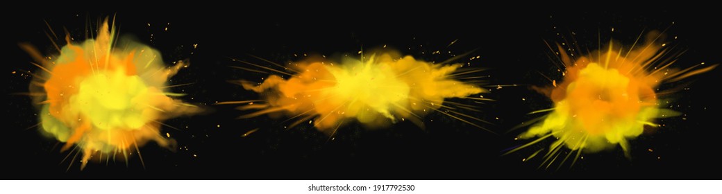 Powder Holi paints orange, gold, yellow explosion clouds, ink splashes, decorative vibrant dye for festival isolated on black background, traditional indian holiday. Realistic 3d vector icons set