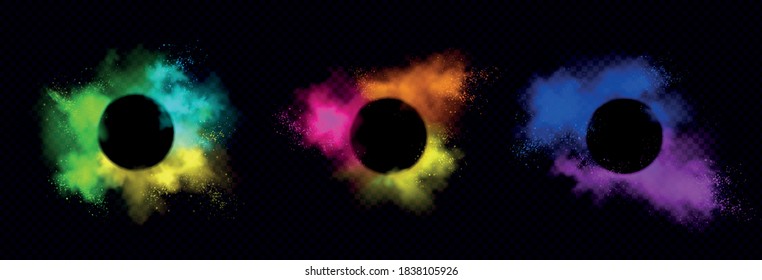 Powder Holi paints round frames colorful clouds or explosions, ink splashes, decorative vibrant dye borders isolated on black background, traditional indian holiday. Realistic 3d vector illustration