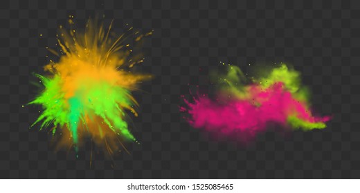 Powder Holi paints set isolated on transparent background colorful clouds or explosions, ink splashes, decorative vibrant dye for festival, traditional indian holiday. Realistic 3d vector illustration