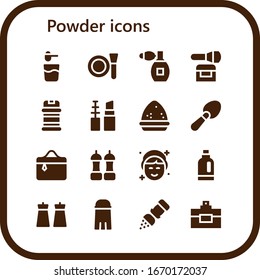 powder icon set. 16 filled powder icons. Included Powder, Make up, Perfume, Condiments, Scoop, Cosmetics, Salt, Makeup, Detergent icons