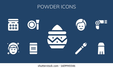 powder icon set. 9 filled powder icons. Included Powder, Make up, Makeup, Eye shadow, Salt, Hairdryer icons