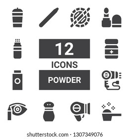powder icon set. Collection of 12 filled powder icons included Detergent, Hairdryer, Salt, Eye shadow, Baby powder, Nail brush, Make up, Protein shake, Holi