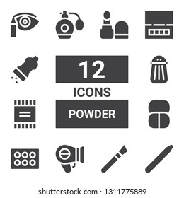 powder icon set. Collection of 12 filled powder icons included Nail brush, Makeup, Hairdryer, Eyeshadow, Powder, Salt, Perfume, Eye shadow, Make up