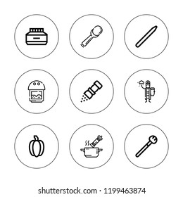 Powder icon set. collection of 9 outline powder icons with holi, makeup, nail brush, pepper, salt, seasoning, scoop icons. editable icons.