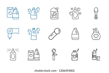powder icons set. Collection of powder with detergent, scoop, perfume, hairdryer. Editable and scalable powder icons.