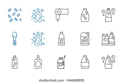 powder icons set. Collection of powder with detergent, perfume, scoop, hairdryer, sprinkles. Editable and scalable powder icons.