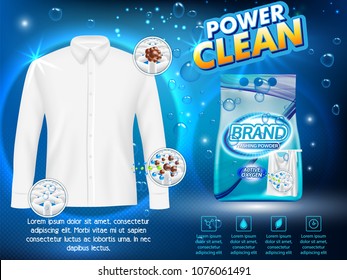Powder laundry detergent advertising poster. Vector realistic illustration. Washing powder foil bag package design template.