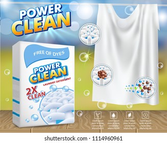 Powder laundry detergent advertising poster. Vector realistic illustration. Washing powder carton package design template and clean white bed sheet or tablecloth hanging on clothesline.