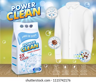 Powder laundry detergent advertising poster. Vector realistic illustration. Washing powder foil bag package design template and clean men shirt.