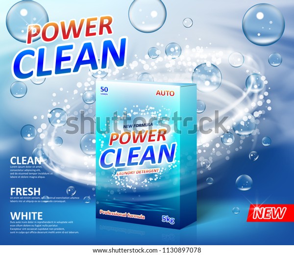 Powder laundry\
detergent Advertising poster. Washing powder carton box package\
label template with soap bubbles. Stain remover Cleaner design for\
bathroom. Vector\
illustration