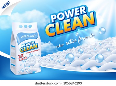 Powder Laundry Detergent Advertising Vector Illustration. Washing Powder Foil Bag Package Label Design Template.