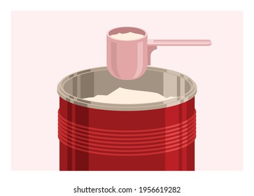 Powder milk in tin container and plastic spoon. Simple flat illustration.