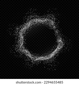 Powder particles round frame isolated on black background. Circle of white dust. Baking flour top view. Flying sugar on dark.