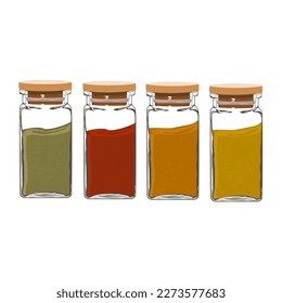 Powder seasoning in square glass bottle, chilly, turmeric, curry and coriander powder. Green, red, yellow and orange spicy in container with lid. Cooking ingredients. Vector drawing on white.  