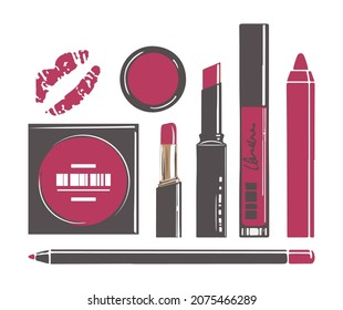 Powder with shades, lipstick and lip gloss, pencil for maquillage. Professional blush with applicator. Cosmetics and products for self care, branding sample and treatment. Vector in flat style