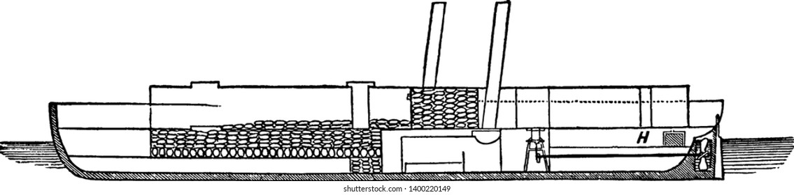 The Powder Ship of the USS Louisiana was an explosive laden ship designated to be blown up as an attack on Fort Fisher, vintage line drawing or engraving illustration.