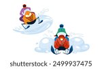 powder snowmobiling vector. adventure winter, sled speed, engine helmet powder snowmobiling character. people flat cartoon illustration