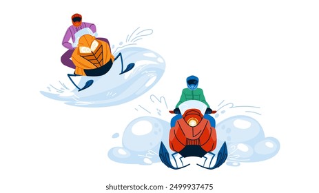 powder snowmobiling vector. adventure winter, sled speed, engine helmet powder snowmobiling character. people flat cartoon illustration