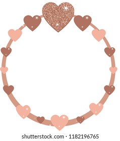 Powder soft rose pink Glitter Hearts Circle Frame. Banner with hearts from rose pink sparkles, glitter and white paper sticker with space for text and shadow. Vector illustration.