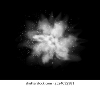 Powder splash with particles. Vector isolated realistic blast of flour or white sand, festival dye or dry ice effect. Condensation or fume texture, burst of steam or smoke with dust pieces