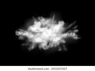 Powder splash with white pieces and particles. Vector isolated realistic burst of dust or sand. Freeze moment of flour throw, festival dye or holi paint. Artistic effect of blast or explosion