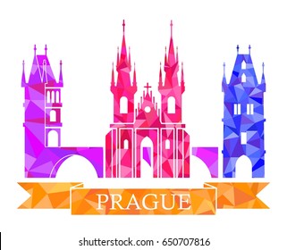 Powder tower, Charles bridge, Tyn Church, Prague dancing house. Traditional symbols of Prague, in the polygonal style