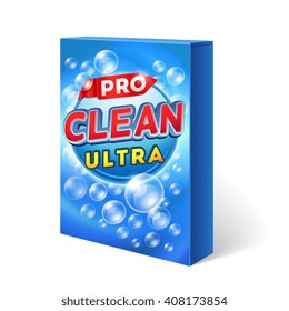 Powdered Detergent Design On Cardboard Package Vector Mockup. Powder Washing Chemical, Packaging Washing, Bag, Washing Cleaning Illustration