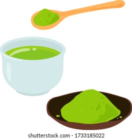 Powdered green tea on a dish and a Japanese cup of instant green tea