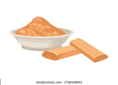 Powdered Sandalwood Poured in Bowl with Chips Rested Nearby Isolated on White Background Vector Illustration