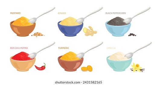 Powders in bowls, spoons. Set of spices and seasonings. Vector cartoon flat illustration.