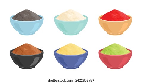 Powders of different colors in bowls. Set of various spices. Vector cartoon flat illustration.