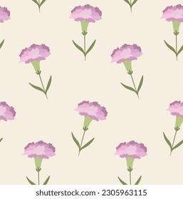 Powdery carnation seamless pattern on cream background. Tender floral surface design for interior and clothes.
