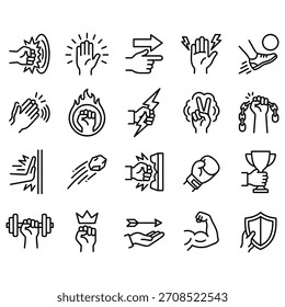 Conjunto de iconos de energía y línea de acción. 20 símbolos de contorno para gestos de mano, fuerza, impacto y victoria. Diseño de Vector minimalista para conceptos de lucha, protesta y logro.
