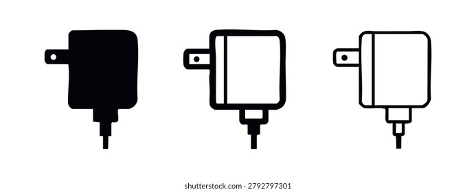 Power adapter and charger icon set. Square electrical transformer symbol in different styles.