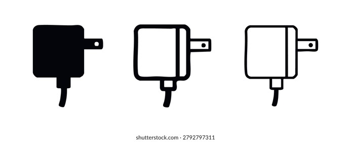 Power adapter and charger icon set. Square electrical transformer symbol in various styles.