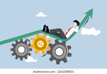 The power of AI to revolutionize productivity and efficiency, incorporating AI into workflow, Relaxed businessman lying down on rapid fast growing graph over cogwheels with AI.