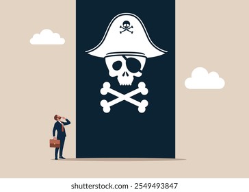 Power, ambition. Smart entrepreneur or politician thinking with big pirate flag with skull and crossbones. Aspiration to win and success. Flat vector illustration