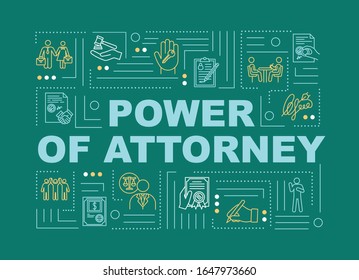 Power of attorney word concepts banner. Legal representative. Officil confirmation. Infographics with linear icons on green background. Isolated typography. Vector outline RGB color illustration