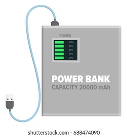 Power bank with capacity of 20000 mAh isolated on white background. Energy container with USB wire for connection with device. Electrical appliance to refill power content vector illustration.