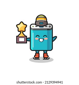 power bank cartoon as an ice skating player hold winner trophy , cute style design for t shirt, sticker, logo element