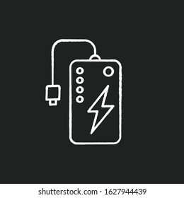Power bank chalk white icon on black background. Powerbank. Portable battery. Energy source. Pocket charging gadget. Handheld USB charger. Mobile device. Isolated vector chalkboard illustration
