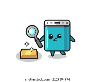 power bank character is checking the authenticity of the gold bullion , cute style design for t shirt, sticker, logo element
