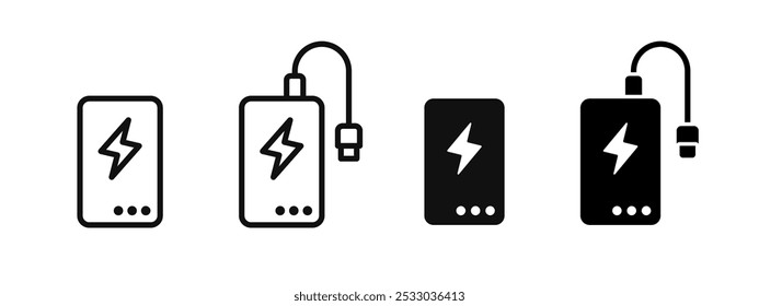 Banco de energia com conjunto de ícone de cabo de carregamento. Símbolo do dispositivo de carregamento da bateria. Sinal da fonte de alimentação do celular. Ilustração do vetor acumulador portátil. Pictograma de tecnologia de recarga de dispositivo elétrico.