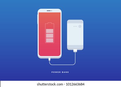 Power bank charging mobile phone on blue background. Smartphone and portable charger. Vector flat illustration.