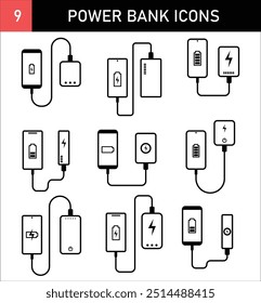 Banco de Energia Carregando Conjunto de Ícones de Smartphone, Símbolo portátil da bateria de energia