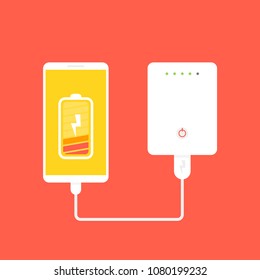 Power bank connected to smartphone by usb cable. Vector illustration.